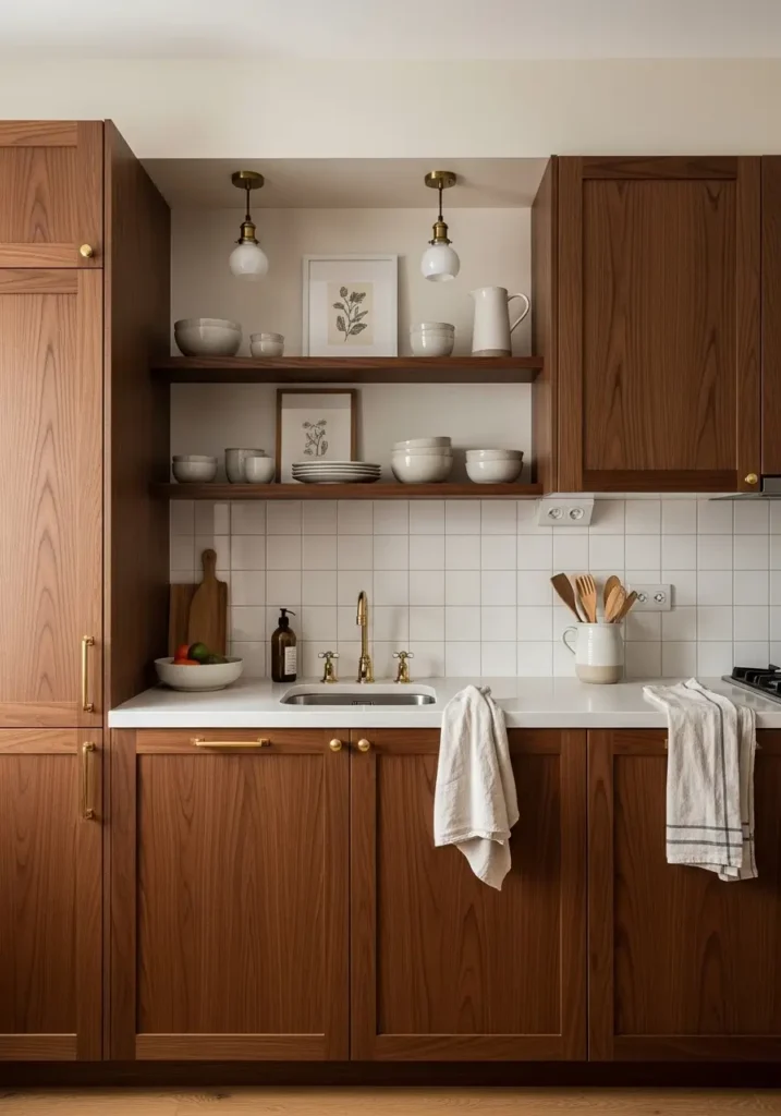 Small apartment kitchen with retro mid century modern styling, warm walnut flat panel cabinets, soft cream walls, vintage brass handles, white quartz counters, floating wood shelves with ceramic dishes, cozy pendant lighting, natural sunlight through sheer curtains, minimal decor styling, muted earthy color palette, compact apartment layout, clean and airy kitchen atmosphere, soft shadows, cozy feminine aesthetic, light oak flooring, subtle vintage details, realistic interior design photography, calm and uncluttered composition