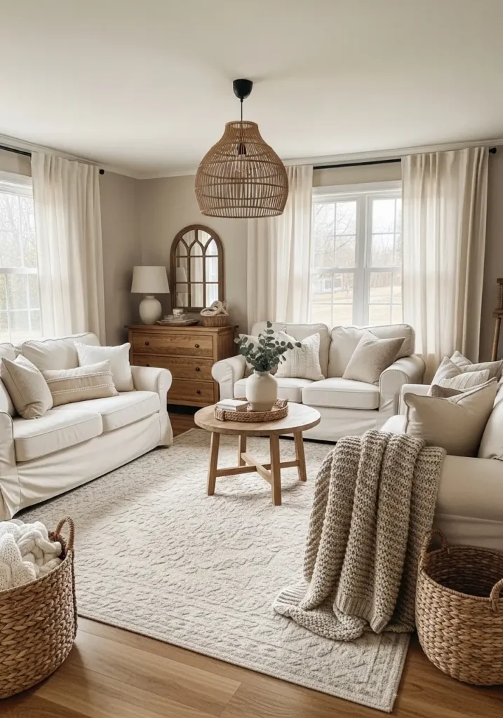 Soft modern farmhouse living room with warm beige textured rug, oversized cream sectional sofa, rustic wood coffee table, layered knit blankets, linen curtains, black framed windows, woven baskets, minimal farmhouse decor, natural sunlight, airy neutral styling, realistic interior photography, cozy feminine atmosphere with balanced warm textures and calm uncluttered design

