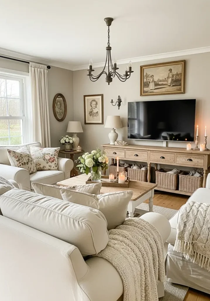Warm cottage farmhouse living room with television above rustic wood console, soft floral pillows, cream linen sofa, vintage wall art, warm candlelight, natural wood flooring, layered neutral textures, cozy country decor, realistic rustic interior photography, airy curtains, muted earthy palette, calm inviting atmosphere, uncluttered family room styling, elegant farmhouse charm, peaceful cozy home feeling

