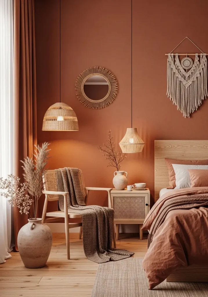 Clean earthy boho bedroom corner with clay toned accent chair, small wooden side table, textured knit throw blanket, beige walls, soft cream curtains, terracotta decor, indoor olive tree, woven lamp shade, minimal styling, warm natural sunlight, cozy feminine atmosphere, organic textures, peaceful boho interior design, neutral earthy palette, calm relaxing home decor, airy composition with soft shadows and modern rustic details

