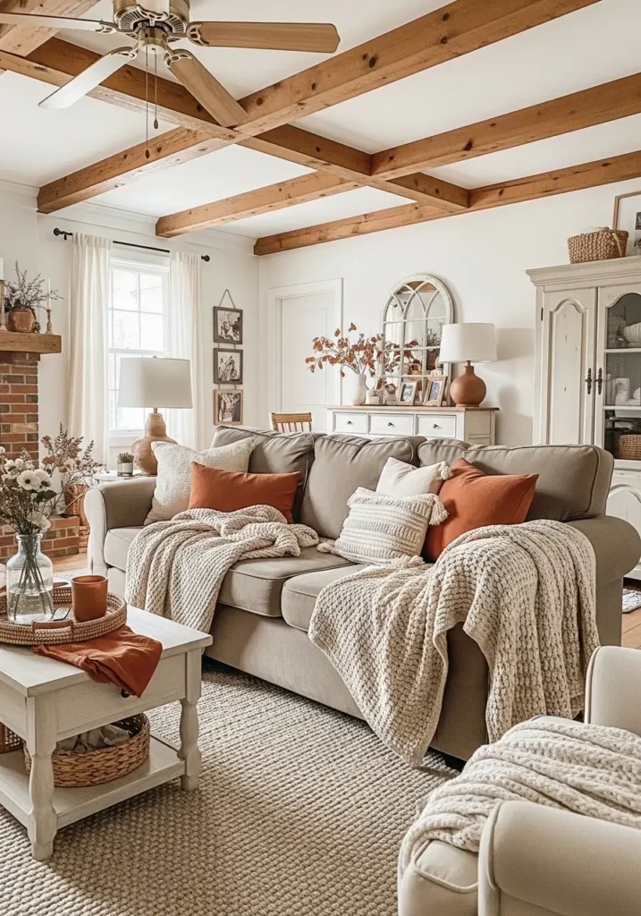 Cozy farmhouse living room in warm earthy shades, taupe sofa, rustic wood beams, terracotta decor accents, woven textures, layered soft blankets, warm lamp lighting, vintage farmhouse styling, airy rustic layout, realistic interior photography, peaceful feminine atmosphere, textured neutral rug, inviting comfortable home setting