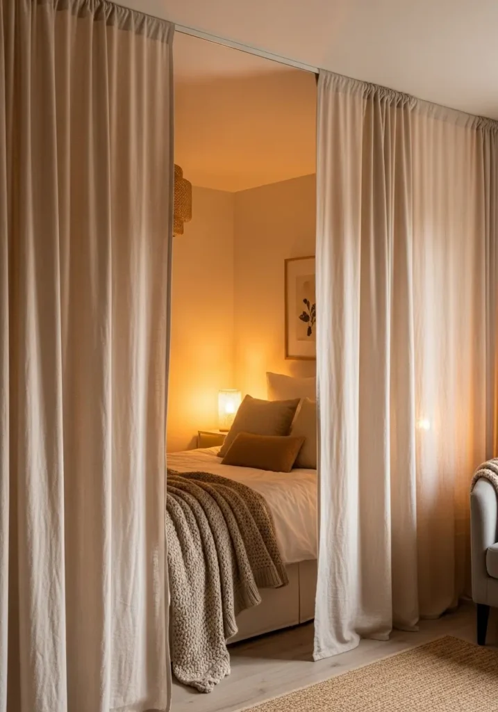 Soft cozy studio apartment with warm fabric panel divider around bed area, creamy neutral decor, layered textured bedding, glowing bedside lamps, feminine apartment styling, Scandinavian inspired tiny apartment, realistic interior photography, warm beige palette, soft linen textures, uncluttered modern layout, peaceful romantic couple apartment, cozy rugs, natural wood furniture, airy calm atmosphere with elegant fabric details

