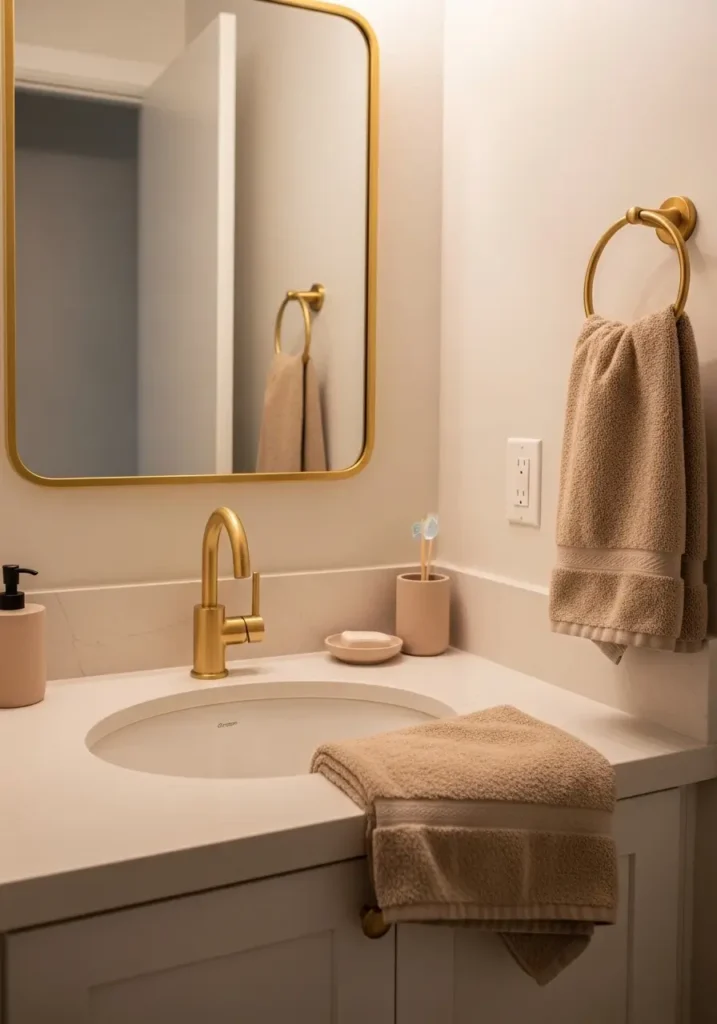 Tiny apartment bathroom with warm gold faucet, gold mirror frame, creamy white sink, beige textured towels, soft neutral decor, minimal feminine apartment styling, cozy lighting, realistic interior photography, clean uncluttered counters, modern renter friendly bathroom makeover, pale marble countertop, light cream walls, elegant tiny bath aesthetic, subtle luxury details, calming atmosphere, compact apartment bathroom inspiration with warm soft shadows and airy styling