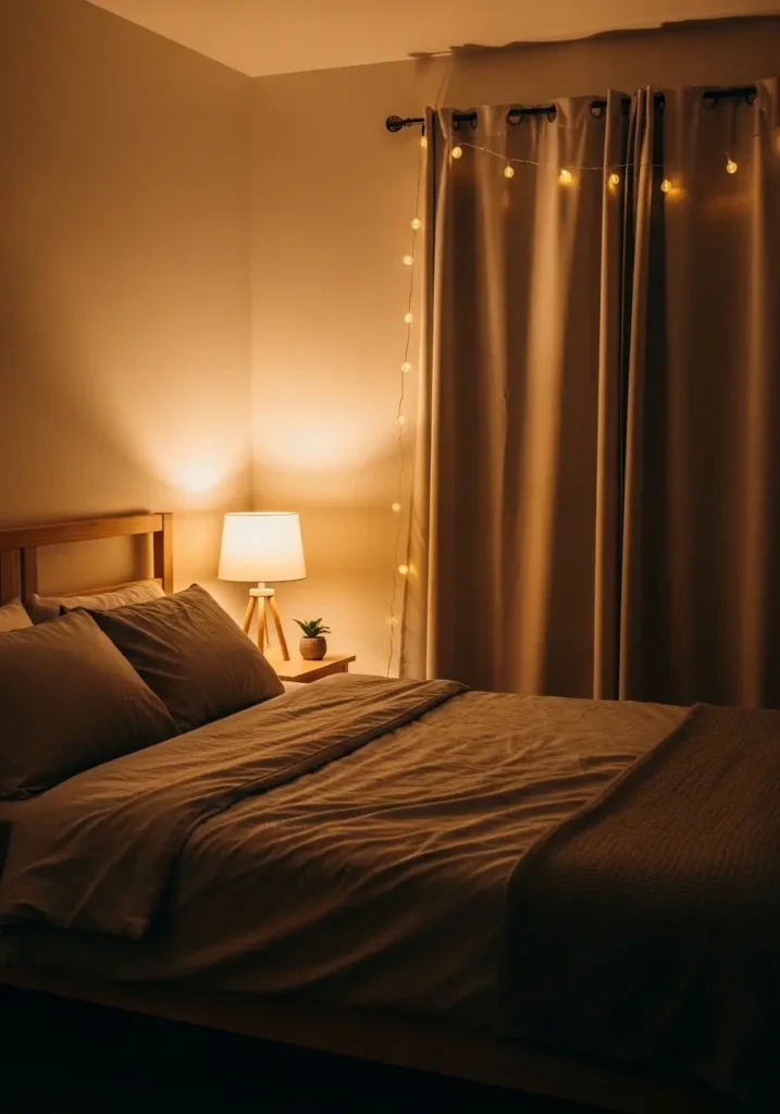 Tiny cozy apartment bedroom at night with warm bedside lamps, layered cream bedding, soft shadows, neutral walls, delicate curtains, glowing ambient lighting, minimal feminine decor, woven textures, peaceful apartment mood, small wooden nightstand, modern cozy bedroom aesthetic, calm relaxing evening atmosphere, clean apartment styling with warm golden tones

