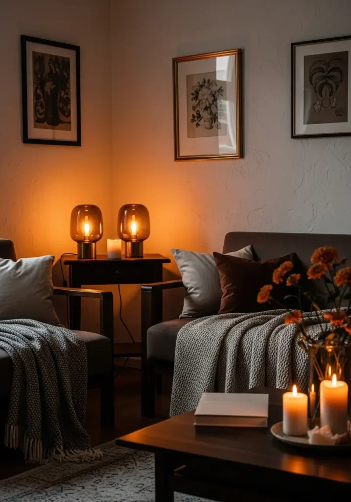 Dark academia apartment living room with warm amber table lamps, dark wood furniture, layered neutral blankets, candlelit atmosphere, cream textured walls, vintage framed art, cozy feminine styling, realistic apartment decor, soft moody lighting, elegant minimal layout, peaceful warm apartment corner with rich earthy tones

