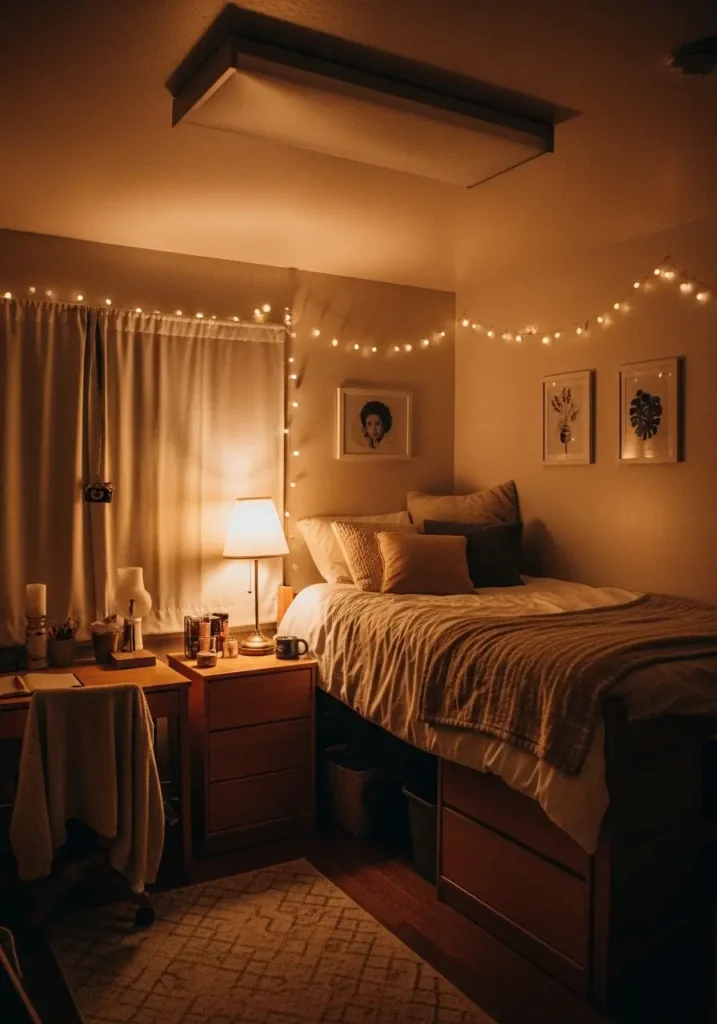 Cozy dorm apartment bedroom with warm lamp lighting, soft glowing bedside lamp, beige bedding, layered blankets, tiny wooden nightstand, calm neutral decor, aesthetic college apartment styling, minimal feminine room design, warm evening atmosphere, realistic interior photography, soft shadows, clean uncluttered layout, cream and tan color palette, peaceful cozy bedroom mood, fairy lights, simple wall art, inviting small dorm setup with soft comforting lighting

