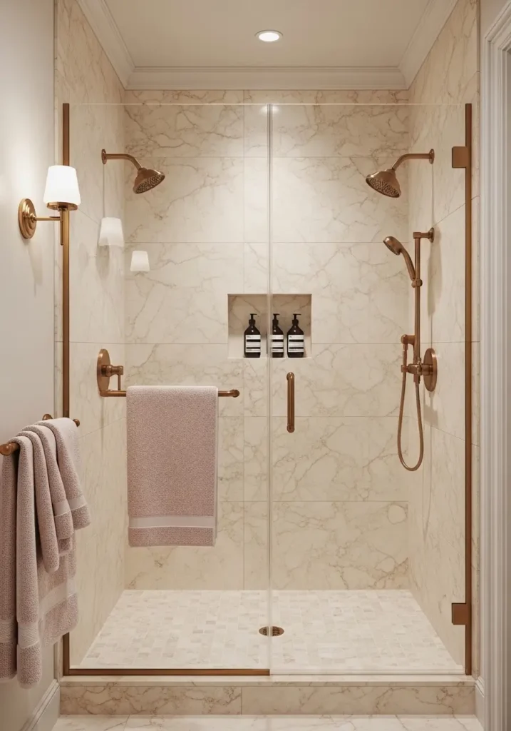 Clean minimal romantic modern bathroom with warm beige marble shower walls, frameless glass shower door, brushed gold rainfall shower, cream floor tiles, soft pink towel, small niche with simple bottles, warm lighting, airy feminine luxury styling, tidy spa mood.