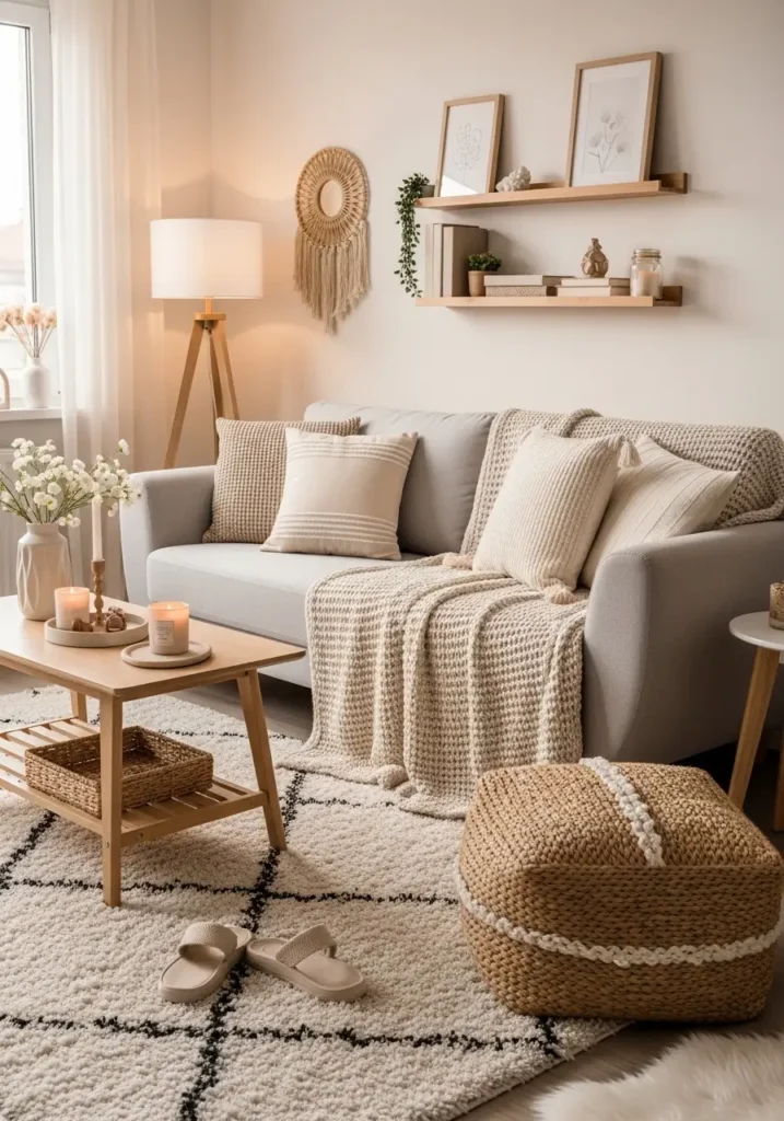 Cozy layered neutral college apartment living room with cream couch, textured beige blankets, woven pillows, light wooden furniture, soft warm lamp lighting, minimal feminine styling, fluffy rug, calm apartment atmosphere, natural sunlight, modern student apartment decor, realistic interior photography, earthy tones, simple clean layout, airy peaceful mood, Scandinavian inspired styling

