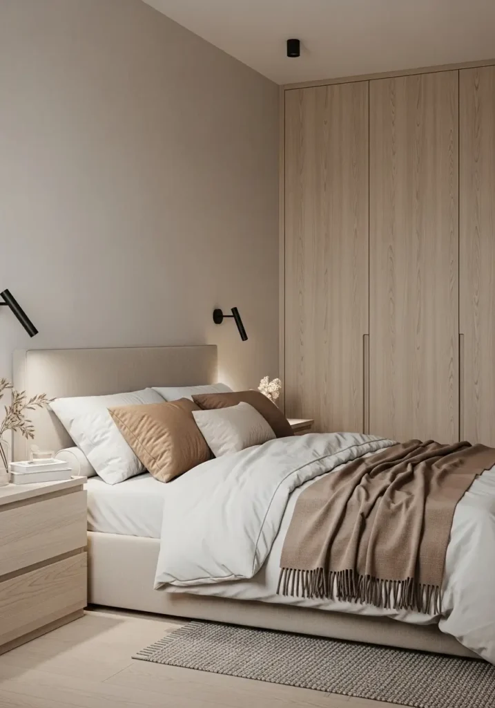 Cozy small vaulted ceiling bedroom in a modern home with warm neutral color palette, beige walls, ivory bedding, tan throw blanket, light wood furniture, soft curtains, slim black reading lights, textured rug, minimal wall art, clean natural styling, peaceful feminine atmosphere.