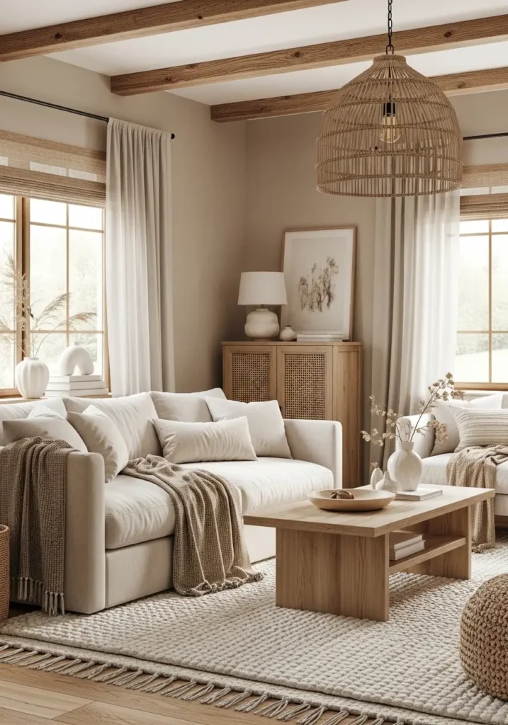 Cozy farmhouse living room in warm neutral tones, beige walls, soft ivory sofa, rustic wooden accents, woven natural textures, layered throw blankets, warm lighting, light oak coffee table, minimal farmhouse decor, textured cream rug, cozy feminine styling, clean rustic interior design, soft sunlight through large windows, calm earthy atmosphere, realistic home photography, airy rustic layout, vintage decor touches, peaceful inviting mood