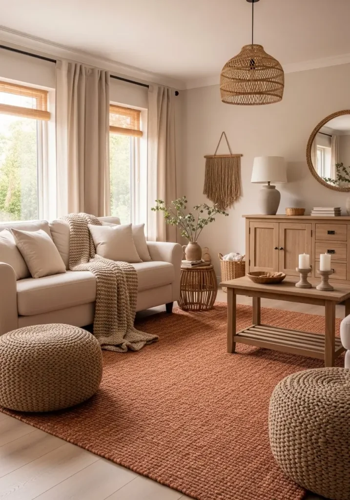 Warm modern farmhouse living room with terracotta toned rug under a cream sectional sofa, rustic wood coffee table, soft beige walls, linen curtains, black metal accents, cozy woven baskets, olive tree in ceramic planter, layered neutral pillows, warm golden sunlight, clean minimal farmhouse decor, earthy textures, airy feminine styling, realistic interior photography, calm inviting atmosphere with soft natural tones and balanced furniture layout

