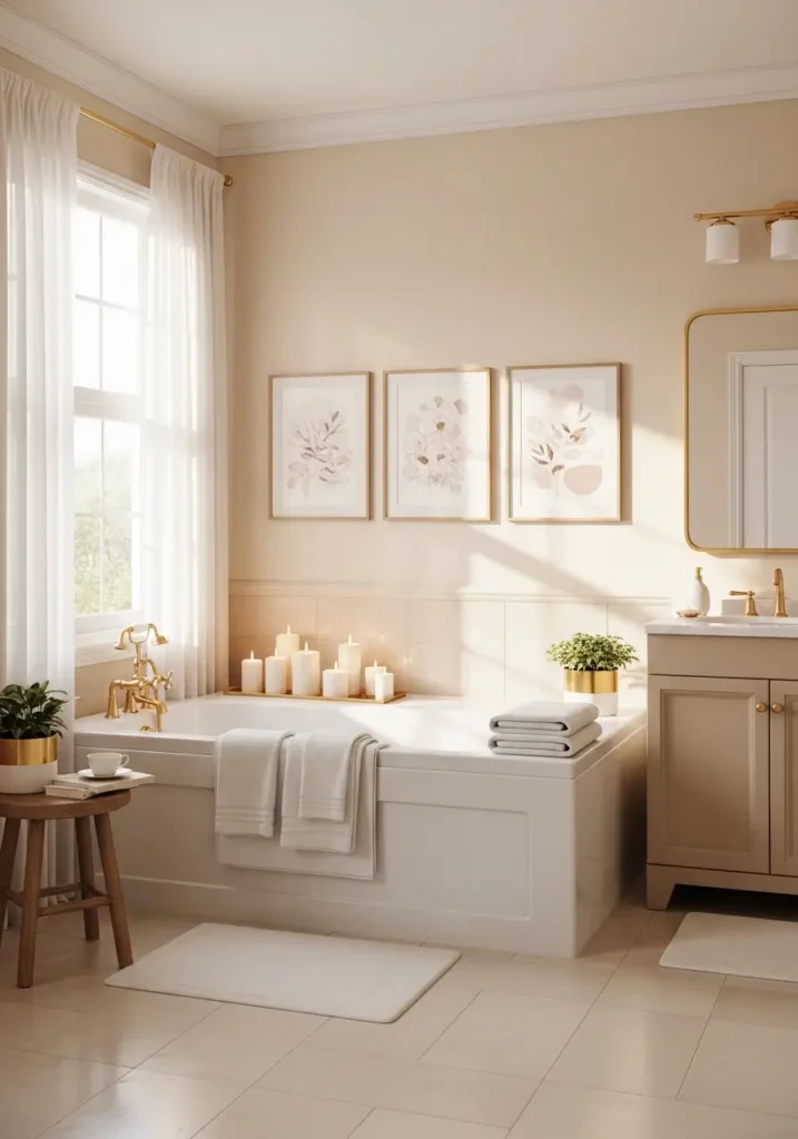 Cute bathroom with soft neutral framed wall art above bathtub, creamy beige walls, cozy candles, fluffy towels, minimal feminine styling, clean modern apartment bathroom, warm sunlight entering through sheer curtains, calm cozy atmosphere, realistic interior photography, subtle gold details, airy spa inspired decor with uncluttered elegant styling

