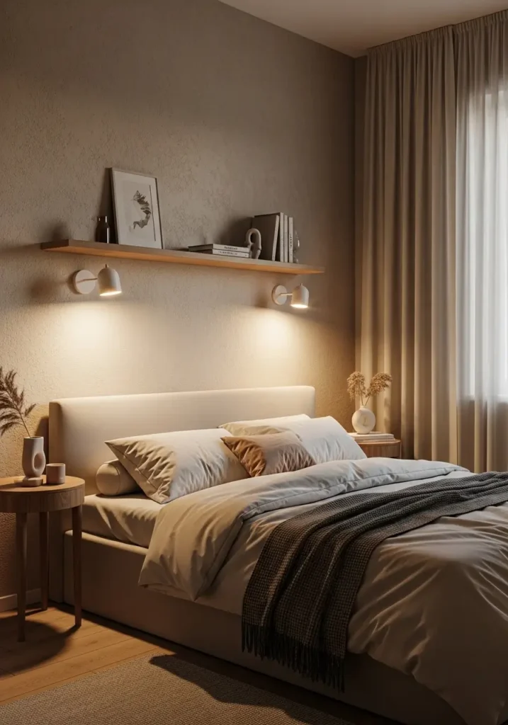Minimalist studio apartment bedroom with warm wall lighting above low bed, soft cream bedding, beige textured walls, tiny apartment setup, glowing ambient lighting, Scandinavian inspired decor, natural oak furniture, cozy feminine styling, uncluttered surfaces, soft linen fabrics, modern small apartment bedroom, realistic interior photography, calming warm atmosphere, floating shelf decor, sheer curtains with evening light, elegant minimal bedroom design, peaceful tiny studio apartment mood with warm cozy tones and soft shadows.

