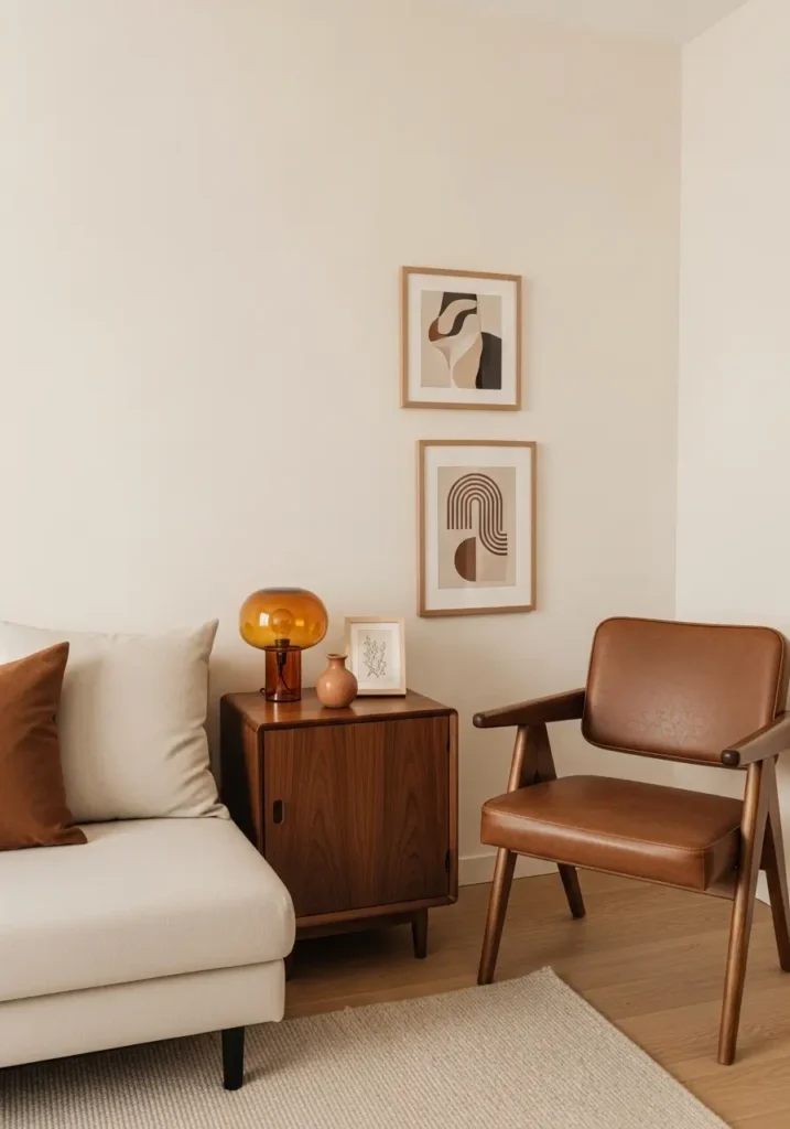 Clean minimal small apartment corner with warm walnut side table, cream wall, soft beige sofa edge, vintage amber lamp, small framed retro print, tiny plant in ceramic pot, natural light, calm feminine styling, cozy vintage mood, uncluttered composition.