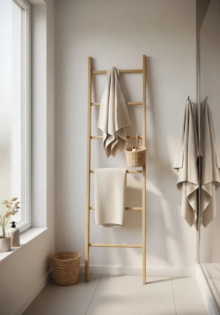 Minimal apartment bathroom with slim wooden ladder rack leaning against soft white wall, hanging cream towels, tiny woven basket, neutral decor palette, cozy feminine apartment styling, natural oak wood textures, soft daylight through frosted window, Scandinavian inspired bathroom decor, clean uncluttered space, matte ceramic accessories, calm spa atmosphere, realistic interior photography, warm soft shadows, airy minimal interior, elegant apartment bathroom wall styling with cozy details and balanced composition

