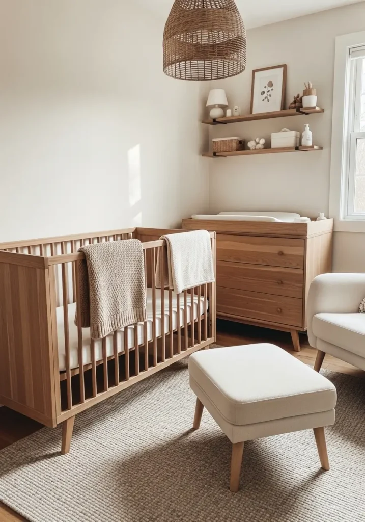 Small apartment nursery with warm natural wood crib, creamy white bedding, woven pendant light, textured neutral rug, floating shelves, beige knit blankets, cozy feminine apartment styling, Scandinavian nursery decor, soft natural sunlight, realistic layered textures, uncluttered nursery setup, peaceful calming atmosphere, elegant warm wood interior photography

