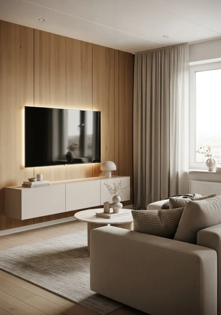 Modern apartment living room with warm oak wood TV wall panels, floating cream media console, soft beige sectional sofa, linen curtains, round coffee table, layered neutral decor, hidden LED lighting behind television, minimal styling, cozy apartment atmosphere, light wood flooring, textured throw pillows, soft natural daylight coming through large windows, Scandinavian inspired interior, clean uncluttered layout, calm feminine styling, balanced warm tones, modern apartment aesthetic photography, realistic interior design scene

