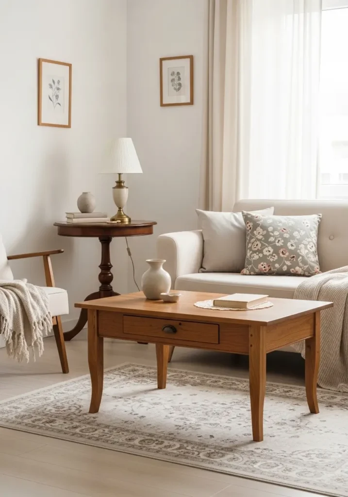 Clean minimal vintage living room with warm wooden coffee table, antique side table, cream sofa, muted floral cushions, soft beige rug, sheer curtains, vintage lamp, small ceramic vase, simple wall frames, natural daylight, cozy grandma core comfort, feminine styling with calm uncluttered details.