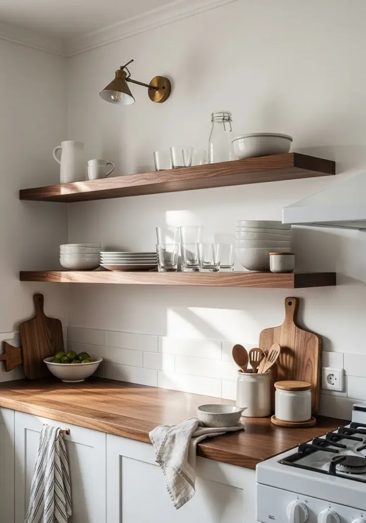 Small apartment kitchen with floating walnut shelves, retro mid century modern decor, cream textured walls, soft natural lighting, ceramic bowls, vintage glassware, compact kitchen styling, warm wood cabinets, realistic interior photography, muted earthy colors, feminine cozy atmosphere, uncluttered shelves, brass accents, calm apartment kitchen with vintage modern charm