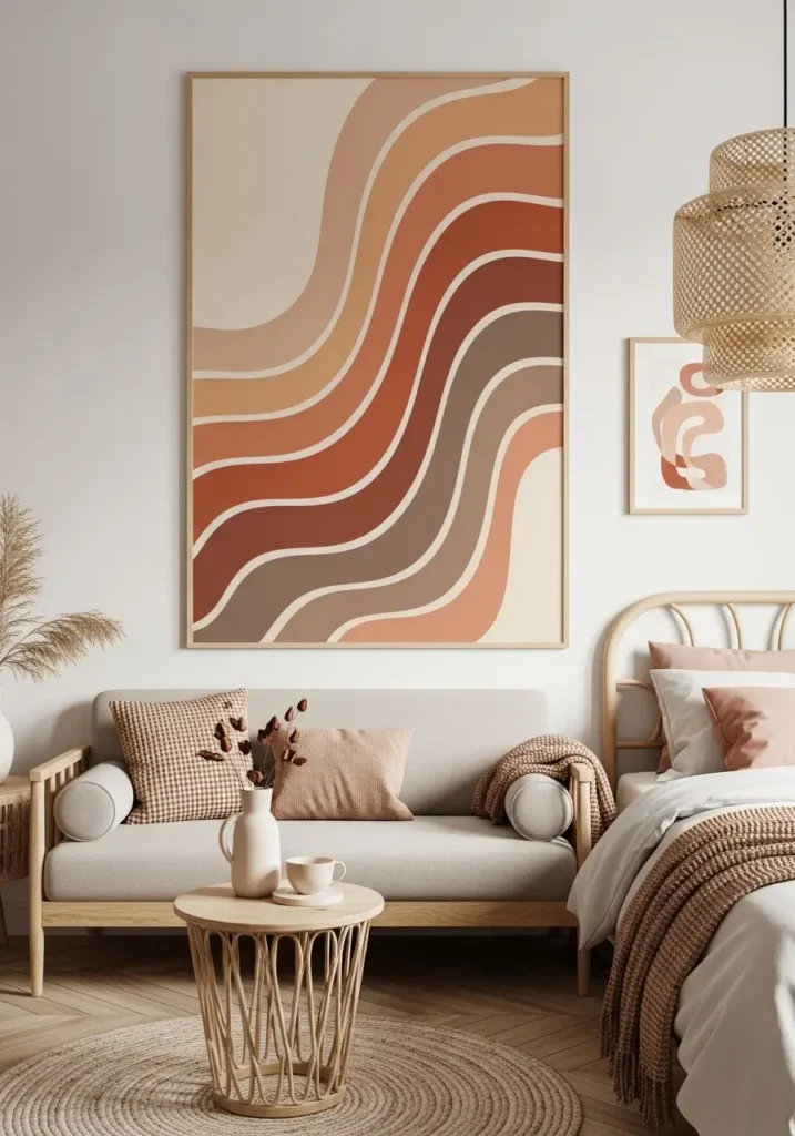 Minimal retro apartment bedroom with oversized wavy line wall art, cream and terracotta palette, soft beige bedding, warm wood accents, clean feminine apartment styling, natural sunlight through sheer curtains, cozy calm atmosphere, tiny apartment setup, abstract retro shapes, uncluttered interior, realistic editorial photography, warm neutral decor, simple vintage-inspired styling