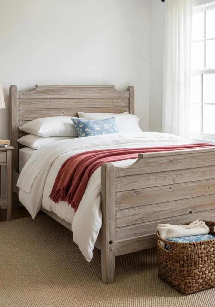 Clean minimal vintage country bedroom with weathered wood bed frame, white linen bedding, faded red throw blanket, soft blue floral pillow, antique side table, cream walls, woven basket, natural light, simple rustic styling, peaceful Americana cottage feeling.