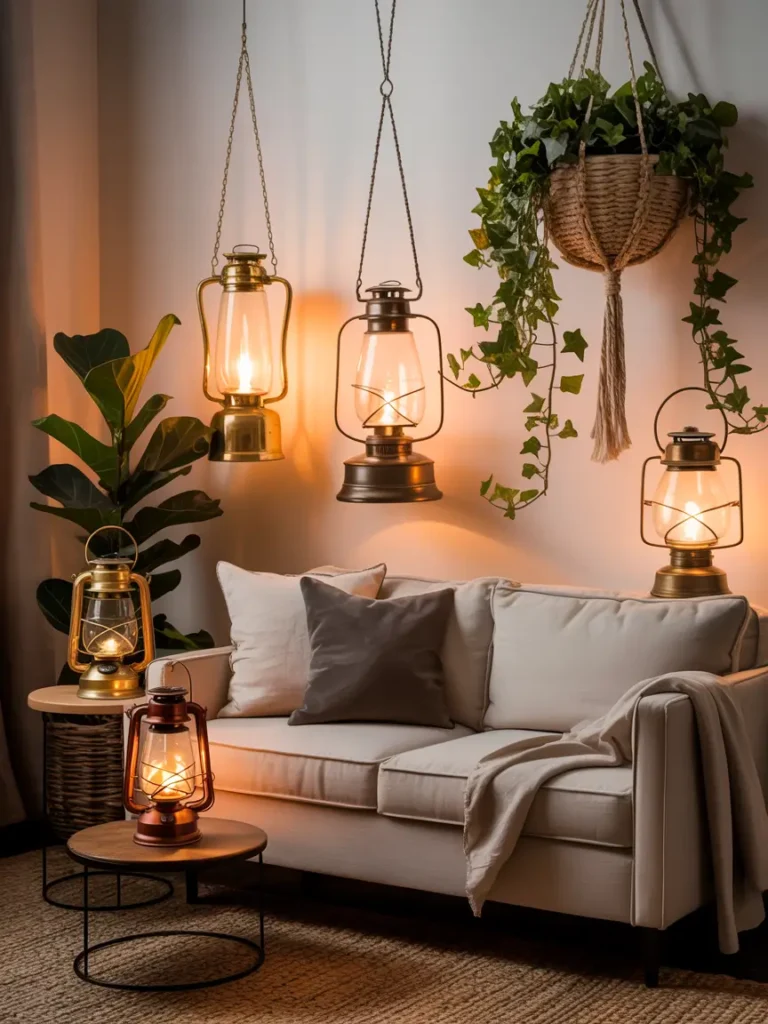 Softly glowing lanterns, minimalist furniture, and a touch of nature with a green potted plant on the floor.