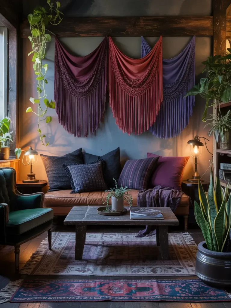 A soft bohemian-inspired room with dark accents, hanging fabrics, and plush cushions.