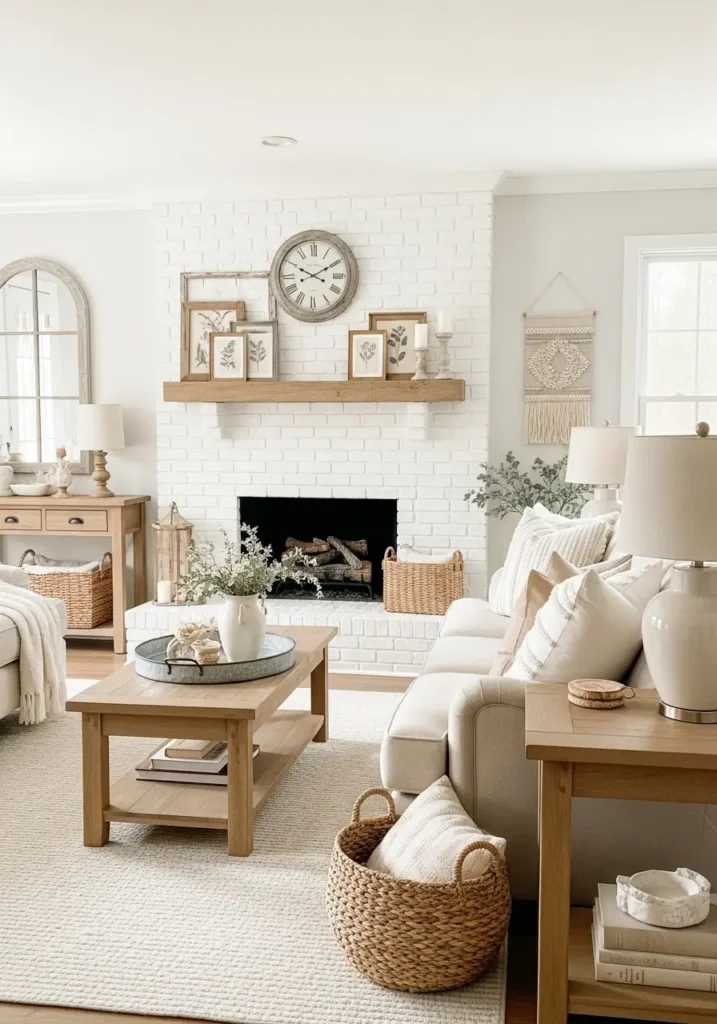 Farmhouse living room with white painted brick fireplace wall, soft beige sofa, rustic wood furniture, layered cozy textiles, warm lamp lighting, woven textures, light oak accents, cream rug, vintage farmhouse decor, calm neutral palette, airy rustic layout, minimal feminine styling, realistic cozy interior photography, peaceful, inviting atmosphere, soft natural sunlight, comfortable warm living room design