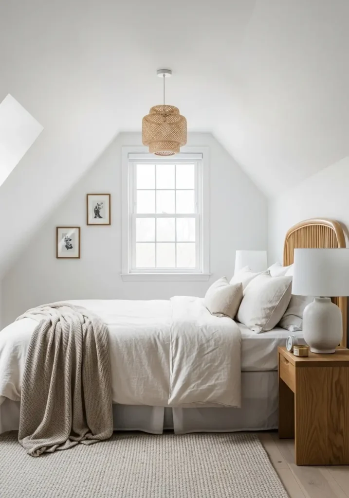 Clean minimal attic bedroom with crisp white walls, low white bed, soft ivory bedding, warm beige throw, small wooden nightstand, simple ceramic lamp, sloped ceiling, roof window, pale floor, very light decor, feminine peaceful small apartment style with airy cozy feeling.
