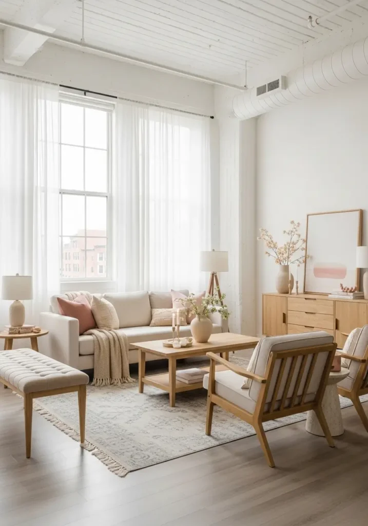 Feminine loft apartment lounge layout facing tall windows with soft morning light, cream sofa, blush throw pillows, pale wood coffee table, airy curtains, warm neutral rug, elegant open plan styling, high ceiling loft, calm city home mood, realistic interior photo with pretty natural light, stylish new home feeling, cozy and polished decor details