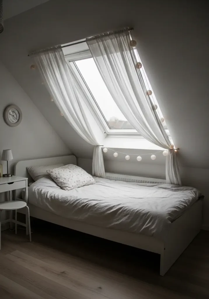 Minimal attic bedroom corner with a bed placed near a small roof window, soft white bedding, blush cushion, sheer curtains, tiny wooden stool as a nightstand, warm fairy lights around the window, pale oak floor, soft beige rug, clean feminine decor, cozy natural light, calm small apartment mood.
