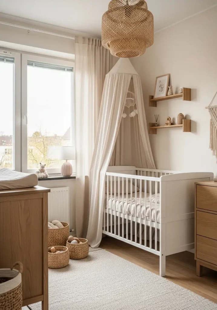 Tiny apartment nursery beside large apartment window, compact white crib with soft beige bedding, flowing sheer curtains, minimal wooden shelf styling, woven toy baskets, warm cream walls, natural morning sunlight, cozy feminine nursery decor, Scandinavian apartment design, light oak furniture, soft textured rug, airy uncluttered layout, peaceful baby room atmosphere, realistic cozy photography, elegant neutral styling, calm small nursery mood

