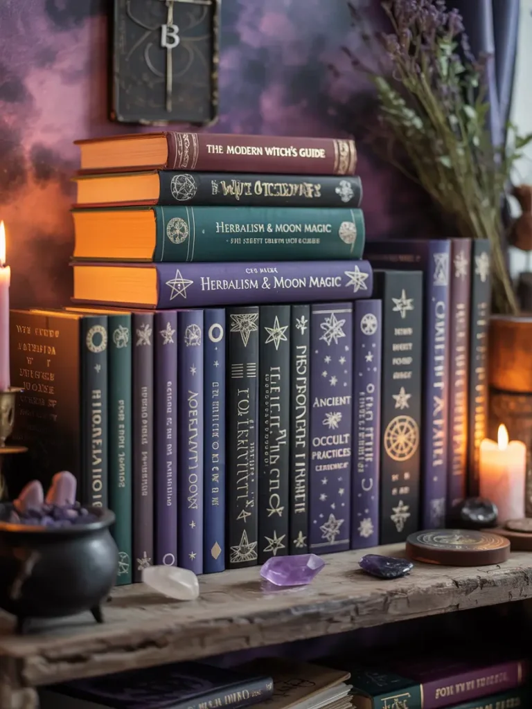 A small, curated shelf of dark, vintage-style books, with titles related to magic, the occult, and witchcraft, arranged neatly in a minimalist style on a wooden shelf.