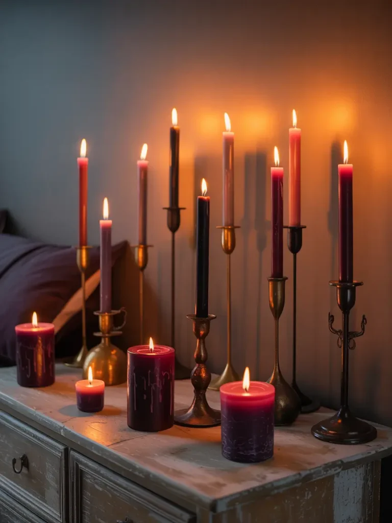 A group of tall, vintage-style candlesticks in black or brass, with long, melted candles in deep reds or blacks, placed in a clean, minimalist layout on a wooden table.