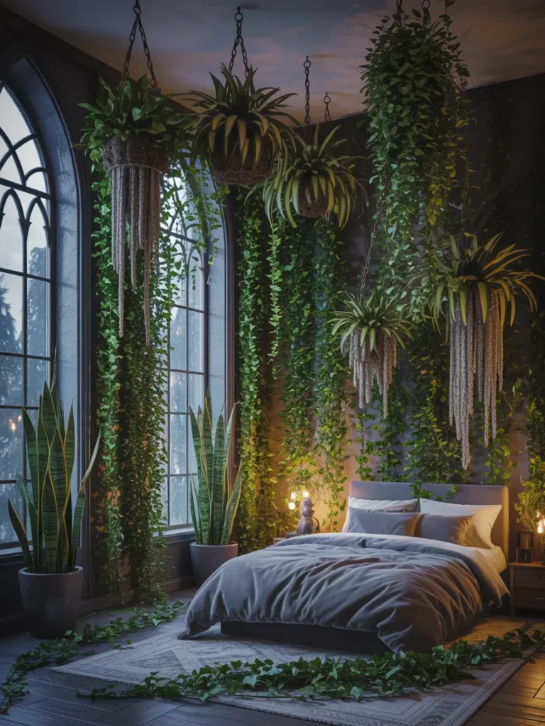 Simple hanging planters with trailing plants like ivy or snake plants, suspended from the ceiling with dark ropes or chains, creating a whimsical, floating effect.
