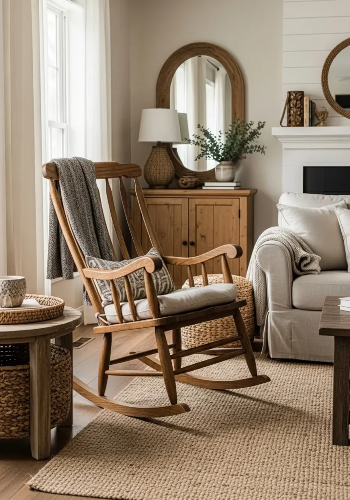 Cozy farmhouse living room with wooden rocking chair beside large window, soft knit blanket draped over chair, warm beige rug, white linen curtains, rustic wood furniture, soft natural sunlight, airy farmhouse styling, clean minimal decor, realistic cozy interior photography, feminine peaceful atmosphere, layered textures, neutral earthy palette, woven basket nearby, calm welcoming room feeling


