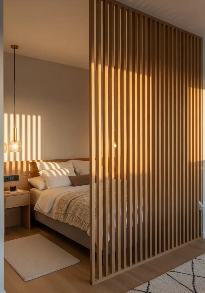 Modern studio apartment with vertical wooden slat divider separating cozy bed area, warm neutral palette, soft white bedding, tiny apartment styling for couples, beige curtains, natural oak wood textures, clean modern interior, soft indirect lighting, Scandinavian inspired decor, textured knit blankets, peaceful minimal apartment atmosphere, light wooden flooring, airy open layout, realistic luxury apartment photography, warm feminine styling, uncluttered cozy studio apartment design

