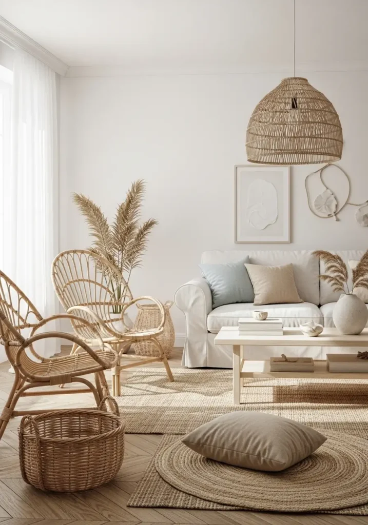 Cozy coastal living room with woven rattan chairs, jute rug, wicker baskets, soft white sofa, pale wood coffee table, natural textures, airy beach house styling, warm sunlight, minimal ocean inspired decor, clean neutral palette, feminine coastal interior, light blue and beige pillows, woven pendant light, relaxed seaside atmosphere, bright and cozy room design with calm minimal details and soft textures

