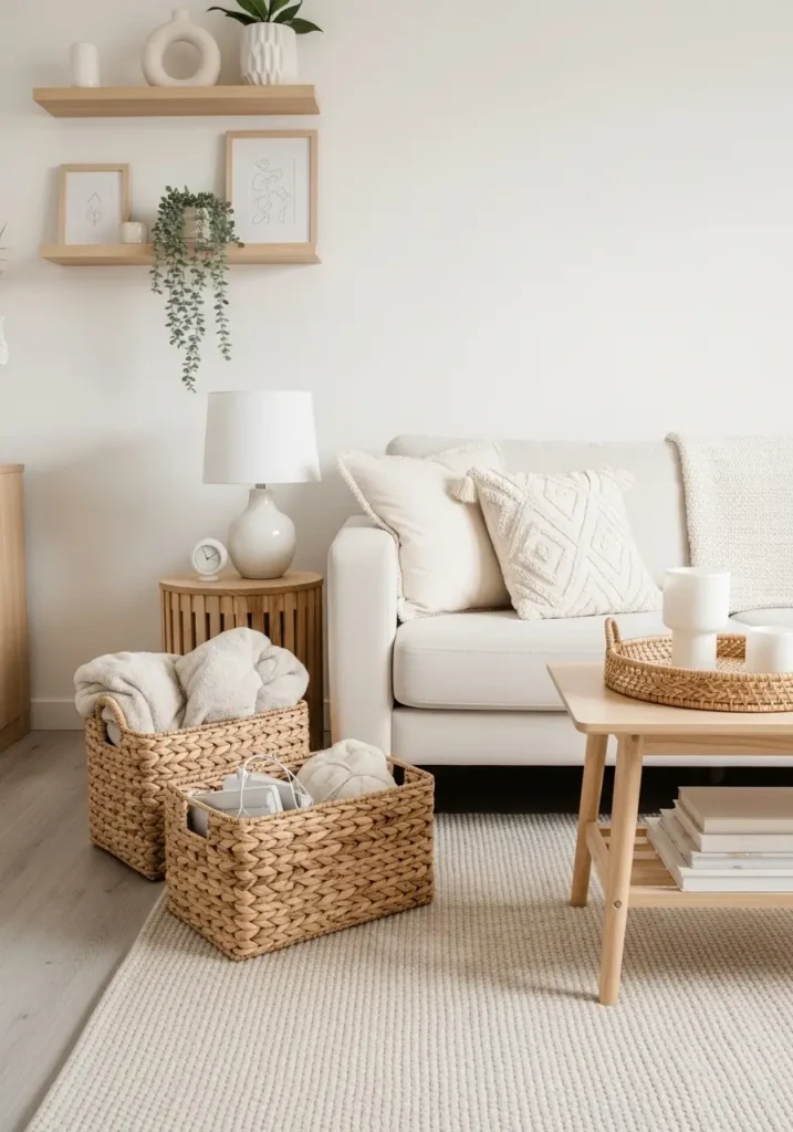 Minimal college apartment living room with woven baskets for storage, cream couch, beige textured rug, soft pillows, light wooden coffee table, warm lamp lighting, feminine neutral decor, clean shelves, cozy student apartment atmosphere, realistic interior photography, calm organized mood, natural sunlight through curtains

