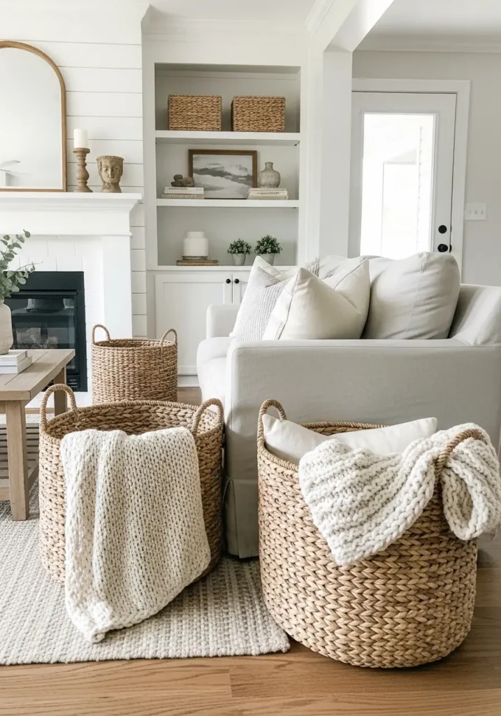 Bright farmhouse living room with large woven basket storage beside cream sofa, chunky knit blankets inside baskets, warm wood furniture, soft neutral rug, natural sunlight, rustic cozy styling, airy farmhouse interior, clean minimal decor, layered earthy textures, realistic home photography, feminine calming atmosphere, soft beige and cream palette, linen curtains, subtle greenery, uncluttered cozy layout, warm inviting room feeling

