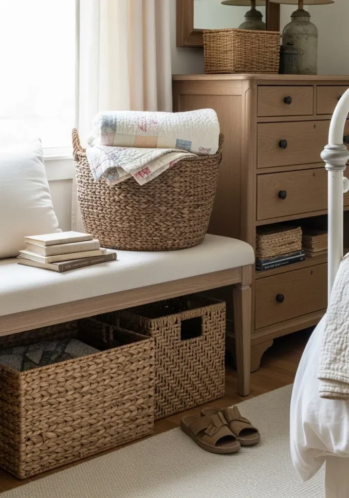 Clean minimal vintage Americana bedroom with woven baskets under a wooden bench, white bedding, faded red quilt, dusty blue accent pillow, cream walls, simple brass lamp, natural wood tones, soft morning light, cozy tidy country style.
