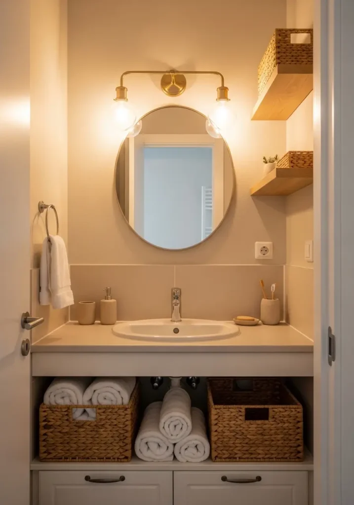 Tiny apartment bathroom with woven baskets under sink, rolled white towels, creamy neutral walls, warm apartment lighting, floating wood shelves, minimalist feminine styling, realistic cozy interior photography, uncluttered bathroom counters, modern renter friendly organization setup, pale beige textures, tiny ceramic decor, airy compact bathroom makeover inspiration, clean natural styling with calm soft shadows