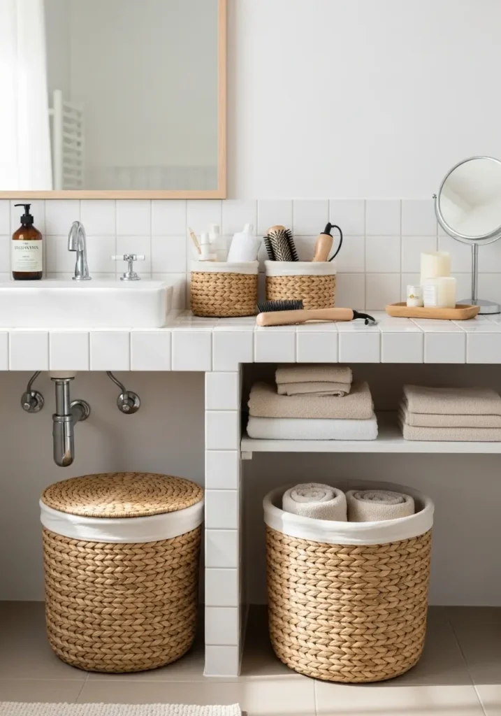 Minimal cozy bathroom with woven baskets under sink storage, rolled white towels, beige bath mat, warm wooden accents, soft natural sunlight, clean white walls, simple feminine decor, organized shelves, airy apartment bathroom style, subtle spa mood, realistic interior photography, natural textures, calm neutral palette, modern cozy styling, uncluttered bathroom corner with soft shadows and elegant minimal details

