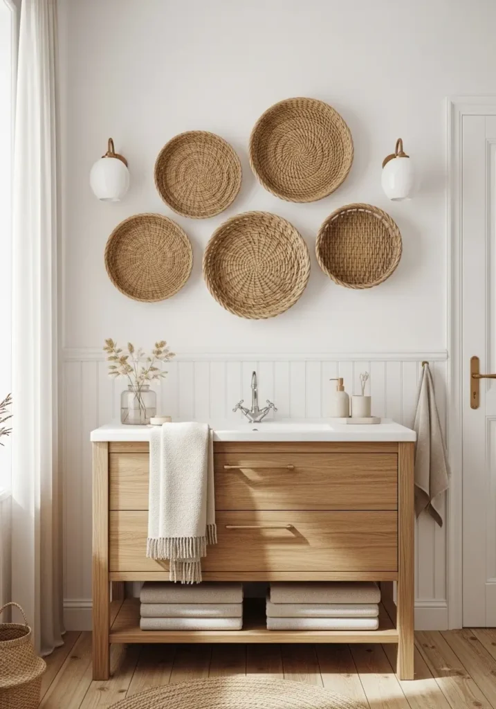 Cozy apartment bathroom with woven basket wall decor arranged in balanced layout, natural rattan textures, soft white walls, warm beige and cream accents, minimal feminine apartment styling, wooden vanity, folded linen towels, Scandinavian inspired interior, natural daylight, realistic interior photography, calm spa atmosphere, uncluttered wall styling, airy balanced decor arrangement with soft warm textures

