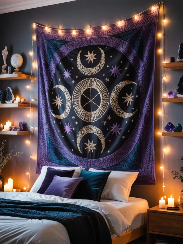 A dark, woven tapestry with a mystical design like a pentagram or celestial symbols, hanging on a plain wall to create a focal point and add texture.