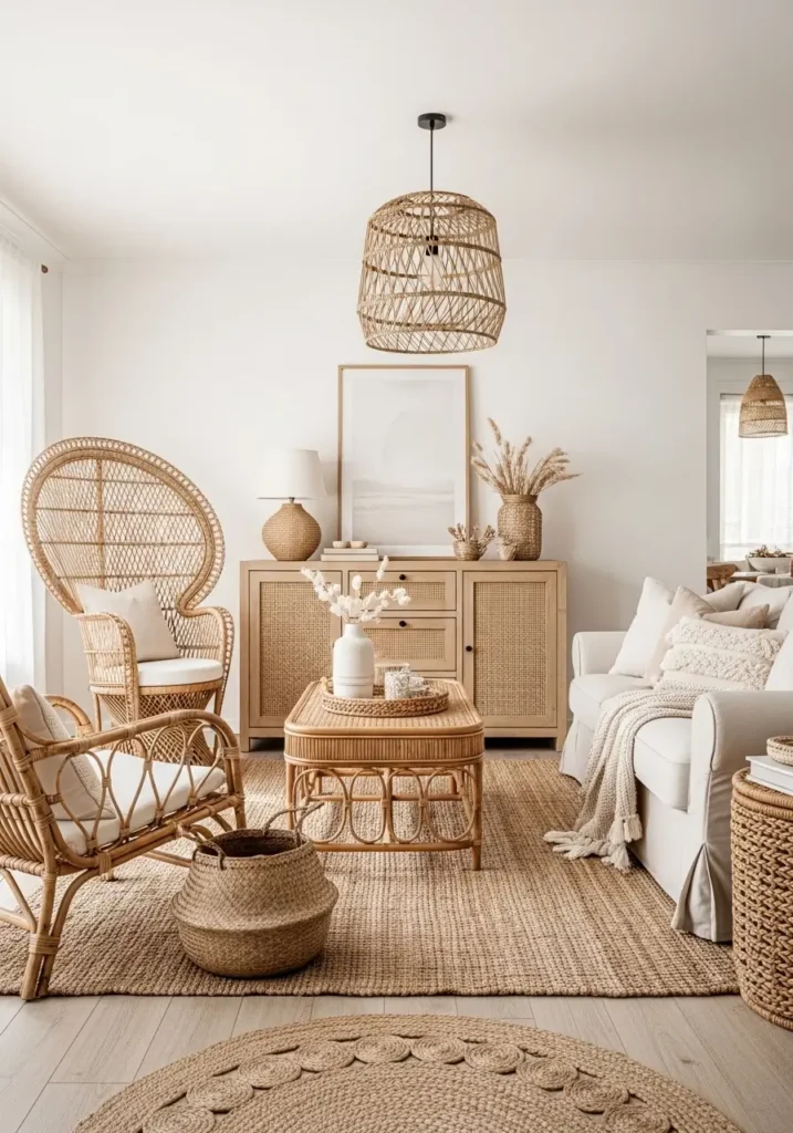 Minimal rustic farmhouse living room filled with woven textures, rattan chairs, woven baskets, jute rug, cream linen sofa, rustic wooden coffee table, warm natural lighting, soft earthy palette, cozy layered blankets, farmhouse decor, subtle greenery, airy clean layout, realistic interior photography, feminine rustic styling, peaceful warm atmosphere, textured natural materials, inviting comfortable living space
