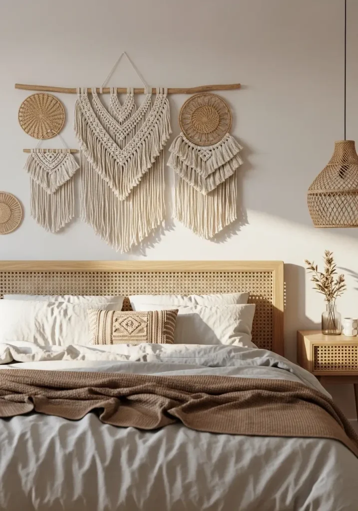 Minimal calm boho bedroom with woven wall decor above bed, soft beige linen bedding, light oak furniture, creamy textured pillows, pampas grass in ceramic vase, warm filtered sunlight, neutral earthy palette, clean white walls, cozy feminine atmosphere, airy boho interior styling, woven baskets, soft natural shadows, peaceful uncluttered room, organic textures, dreamy earthy retreat aesthetic with modern minimal decor details

