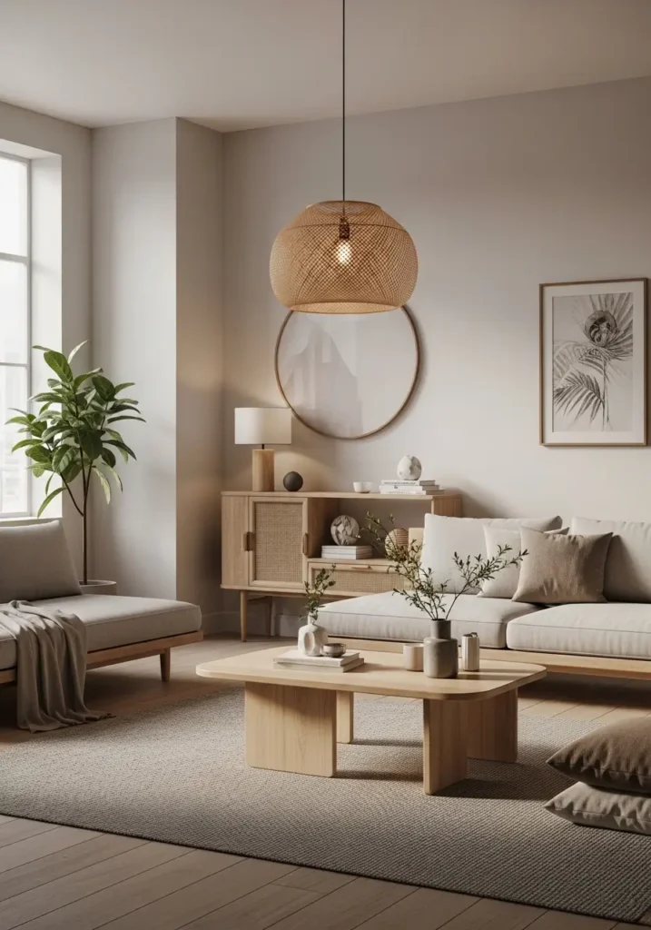 A clean, open layout with low furniture, neutral colors, natural materials, and soft lighting. A peaceful, calming space with simple, uncluttered details.