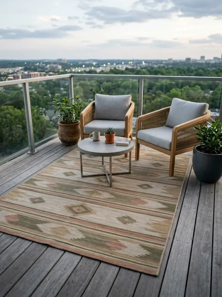 Add a small outdoor rug to define the setup