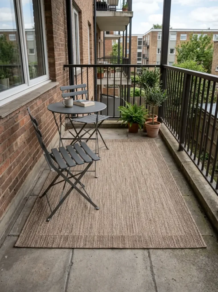 Add an outdoor rug in beige or jute style